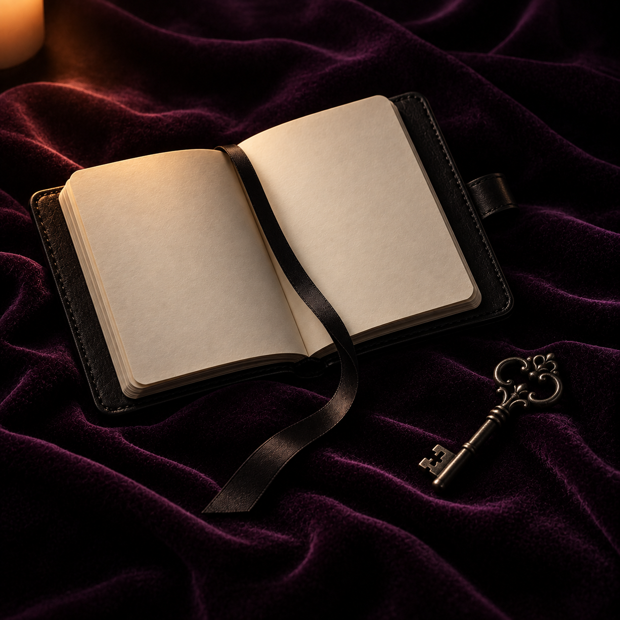 Carnet ouvert, ruban noir et clé sur velours aubergine